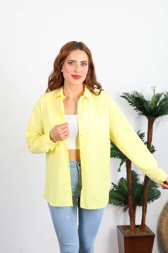 Berox - Tek Cepli Kadın Sarı Oversize Terikoton Gömlek