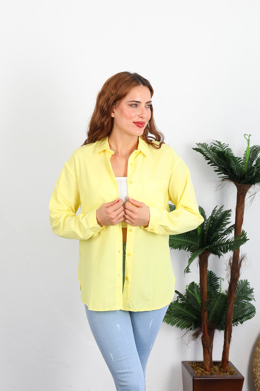 Berox - Tek Cepli Kadın Sarı Oversize Terikoton Gömlek (1)