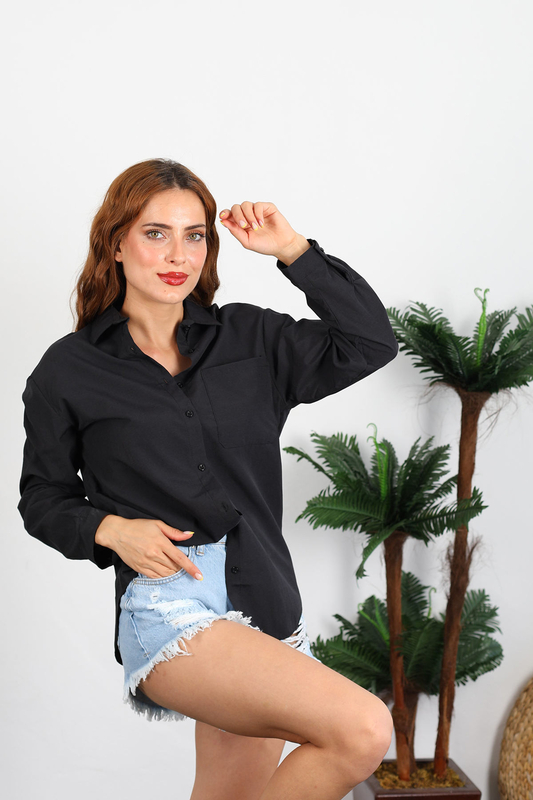 Berox - Tek Cepli Kadın Siyah Oversize Terikoton Gömlek (1)