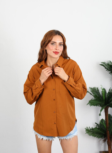 Berox - Tek Cepli Kadın Taba Oversize Terikoton Gömlek (1)