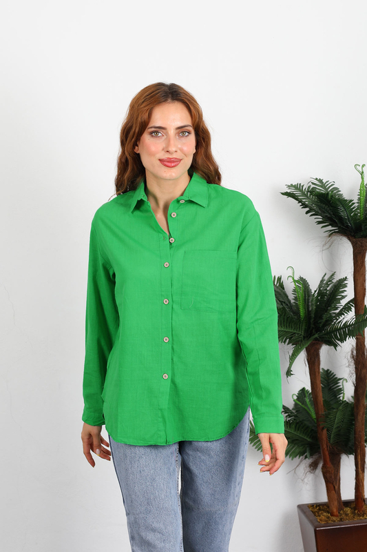 Berox - Tek Cepli Kadın Zümrüt Yeşili Filam Keten Gömlek (1)