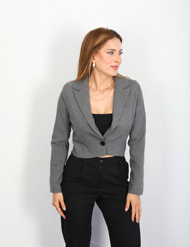 Tek Düğmeli Keten Antrasit Kadın Crop Blazer Ceket - Thumbnail