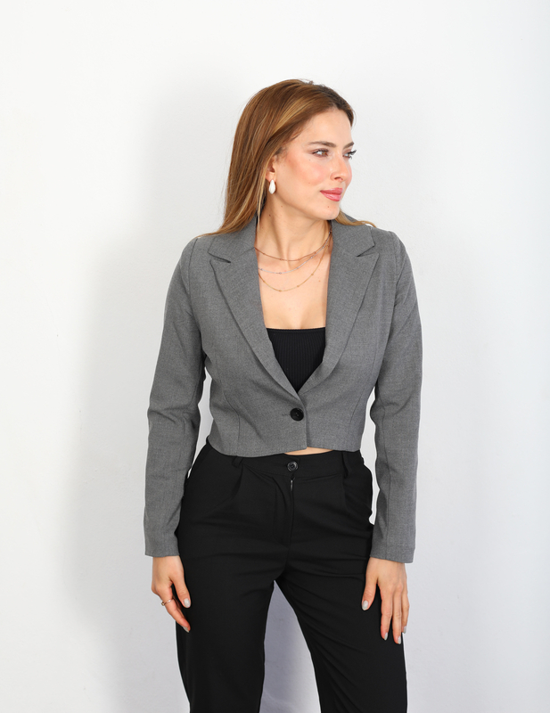 Berox - Tek Düğmeli Keten Antrasit Kadın Crop Blazer Ceket (1)