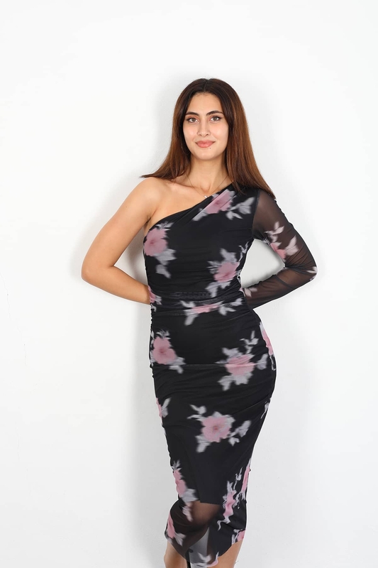Berox - Tek Omuz Çiçek Desen Gül Kurusu Kadın Tül Elbise (1)