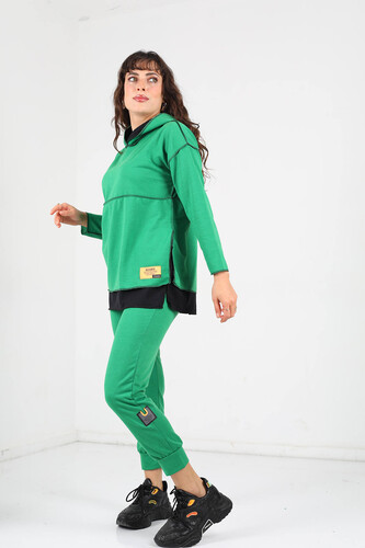 Ters Dikişli Kapüşonlu Armalı Garnili Yeşil Kadın Sweat Takım - Thumbnail