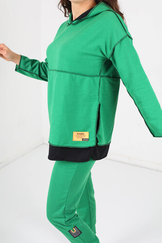 Berox - Ters Dikişli Kapüşonlu Armalı Garnili Yeşil Kadın Sweat Takım (1)