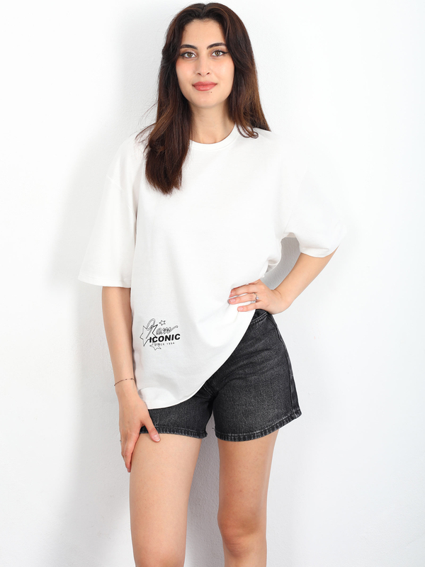 Berox - Trend Setter Baskılı Oversize Beyaz Kadın T-shirt