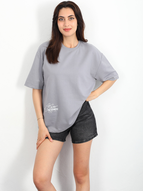 Berox - Trend Setter Baskılı Oversize Gri Kadın T-shirt
