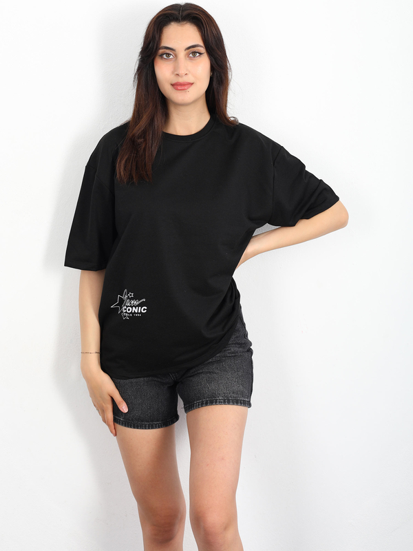 Berox - Trend Setter Baskılı Oversize Siyah Kadın T-shirt