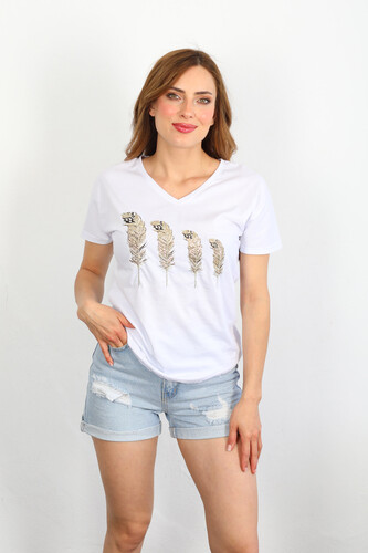Berox - Tüy Nakışlı Pullu V Yaka Beyaz Kadın T-shirt