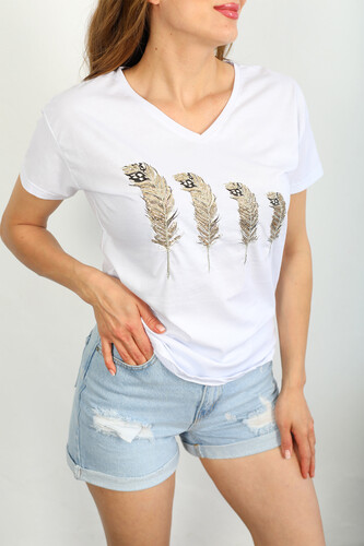 Berox - Tüy Nakışlı Pullu V Yaka Beyaz Kadın T-shirt (1)