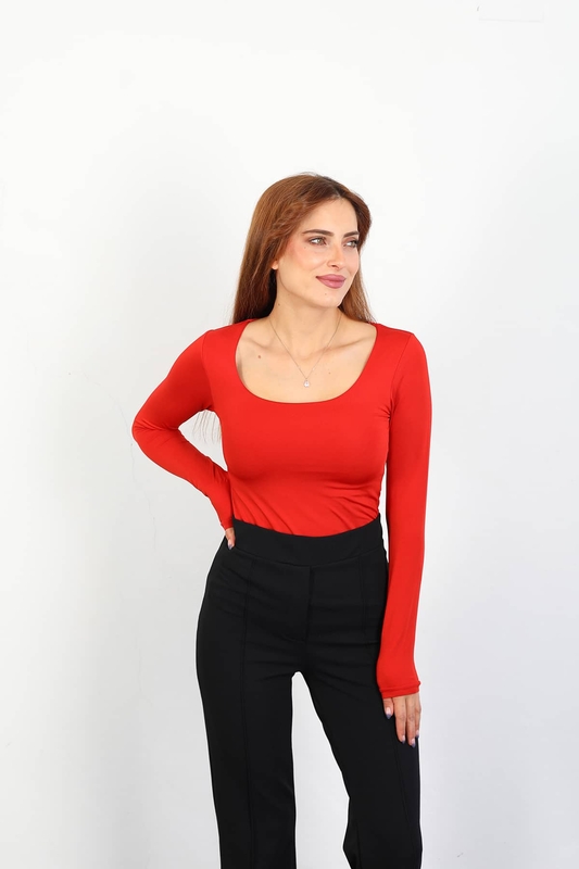 Berox - U Yaka Kadın Kırmızı Sandy Bluz