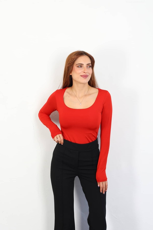 Berox - U Yaka Kadın Kırmızı Sandy Bluz (1)