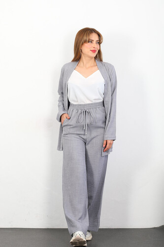 Üçlü Keten Gri Kadın Blazer Takım (Ceket-Crop-Pantolon) - Thumbnail