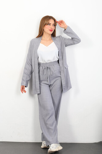 Üçlü Keten Gri Kadın Blazer Takım (Ceket-Crop-Pantolon) - Thumbnail