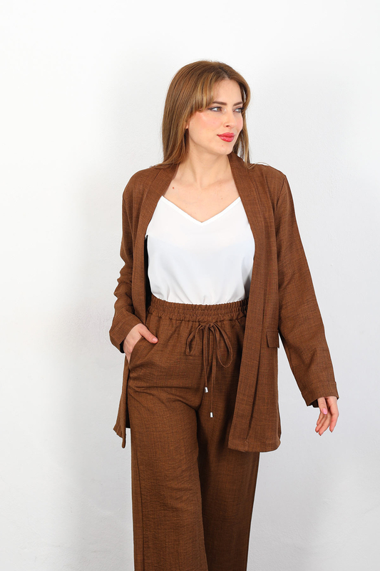 Berox - Üçlü Keten Kahverengi Kadın Blazer Takım (Ceket-Crop-Pantolon) (1)