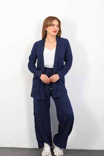 Üçlü Keten Lacivert Kadın Blazer Takım (Ceket-Crop-Pantolon) - Thumbnail
