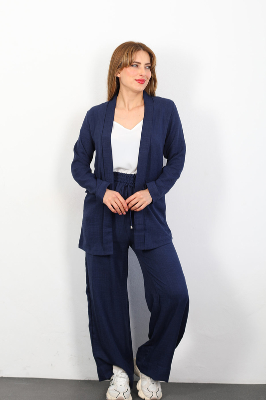 Berox - Üçlü Keten Lacivert Kadın Blazer Takım (Ceket-Crop-Pantolon) (1)