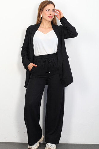 Berox - Üçlü Keten Siyah Kadın Blazer Takım (Ceket-Crop-Pantolon)
