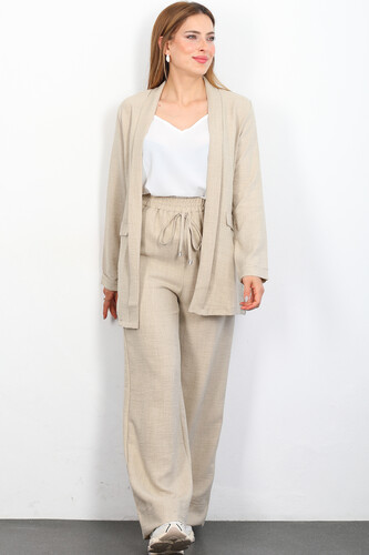 Berox - Üçlü Keten Taş Rengi Kadın Blazer Takım (Ceket-Crop-Pantolon)