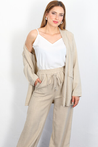Berox - Üçlü Keten Taş Rengi Kadın Blazer Takım (Ceket-Crop-Pantolon) (1)