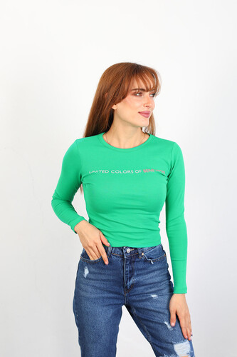 United Colors Baskılı Kadın Yeşil Crop Bluz - Thumbnail