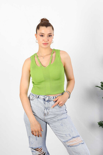 Berox - V Yaka Biyeli Taşlı Yeşil Kadın Triko Bluz