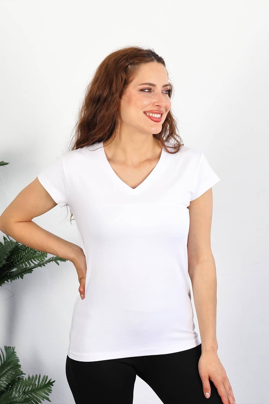 Berox - V Yaka Viskon Beyaz Kadın T-Shirt