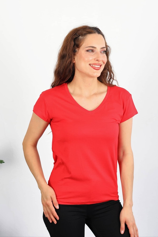 Berox - V Yaka Viskon Kırmızı Kadın T-Shirt (1)