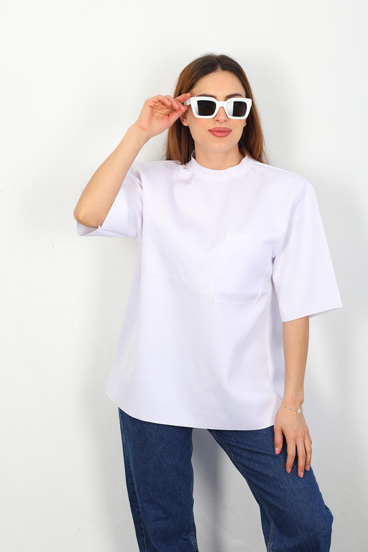 Berox - Vatkalı Dik Vatkalı Kadın Beyaz Fermuarlı T-Shirt (1)