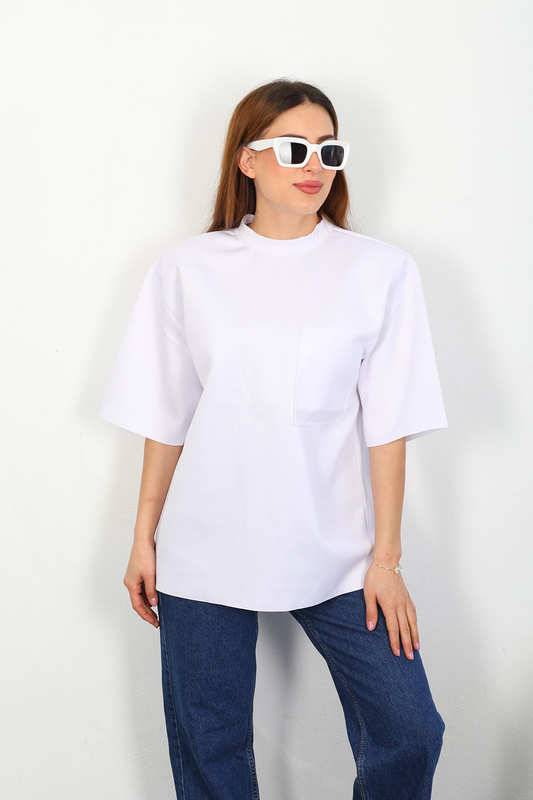 Berox - Vatkalı Dik Vatkalı Kadın Beyaz Fermuarlı T-Shirt
