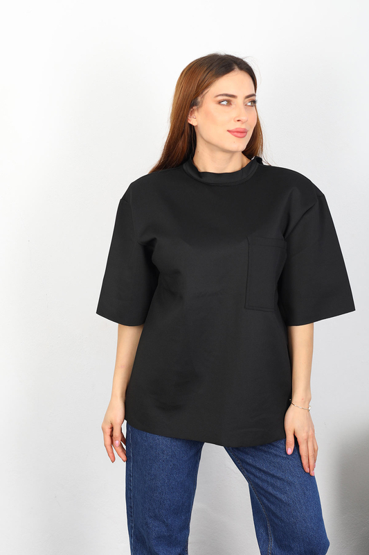 Berox - Vatkalı Dik Vatkalı Kadın Siyah Fermuarlı T-Shirt (1)