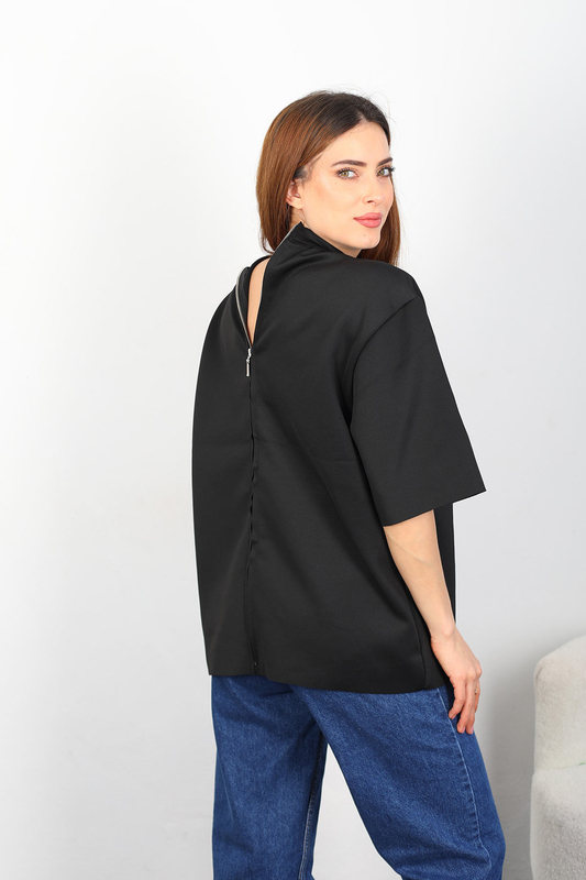 Berox - Vatkalı Dik Vatkalı Kadın Siyah Fermuarlı T-Shirt