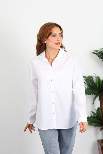 Berox - Yaka İncili Kadın Beyaz Viskon Gömlek