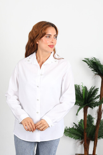 Berox - Yaka İncili Kadın Beyaz Viskon Gömlek (1)