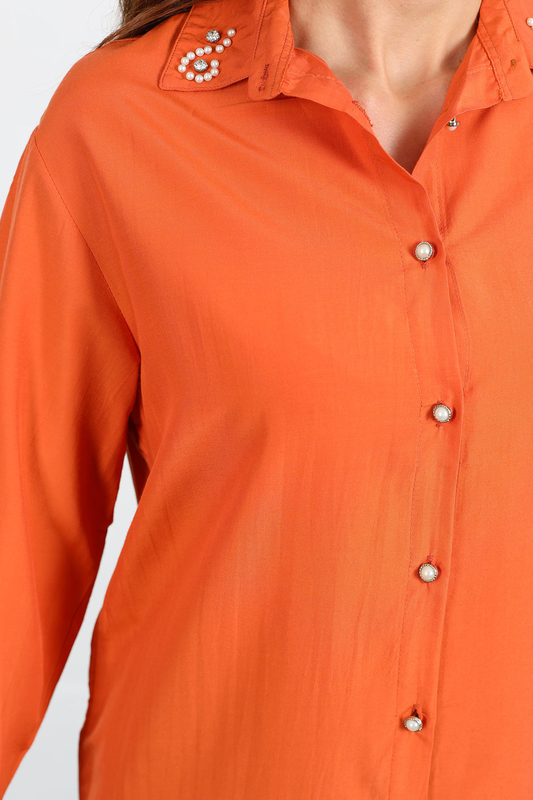 Berox - Yaka İncili Kadın Kiremit Viskon Gömlek (1)