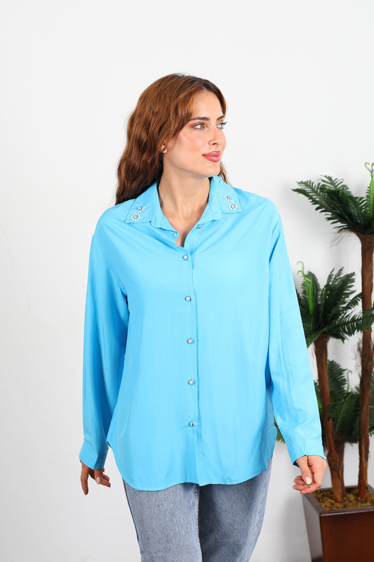 Berox - Yaka İncili Kadın Mavi Viskon Gömlek