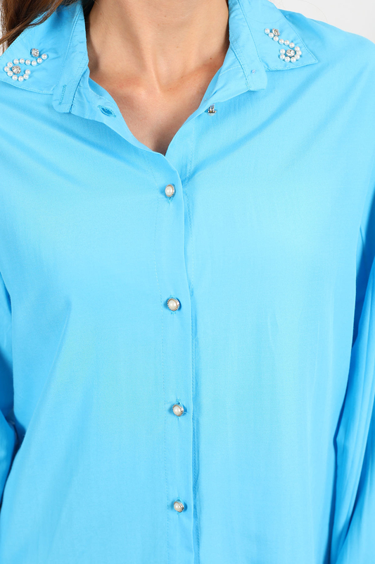 Berox - Yaka İncili Kadın Mavi Viskon Gömlek (1)