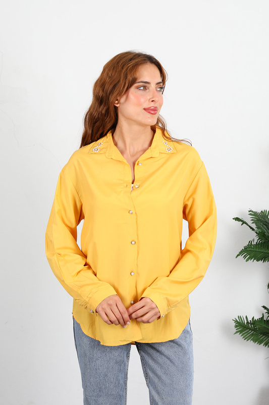Berox - Yaka İncili Kadın Sarı Viskon Gömlek