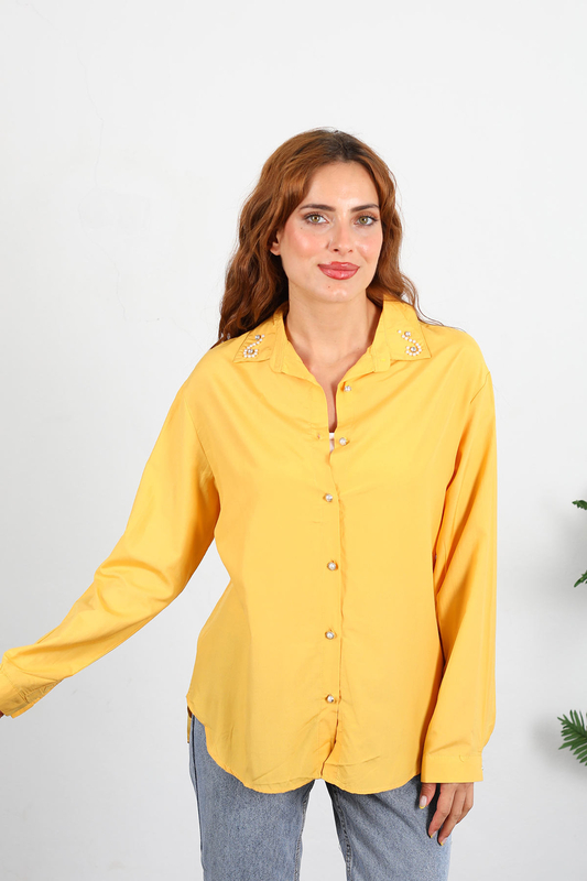 Berox - Yaka İncili Kadın Sarı Viskon Gömlek (1)