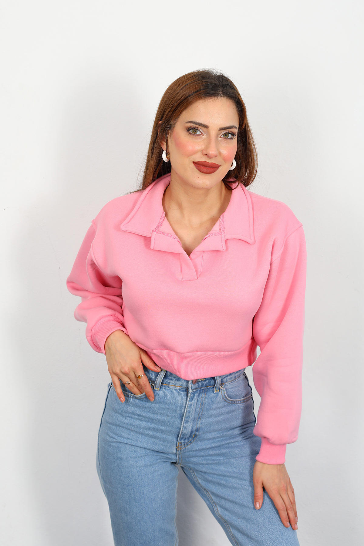 Berox - Yaka Patlı Üç İplik Pembe Kadın Crop Sweat