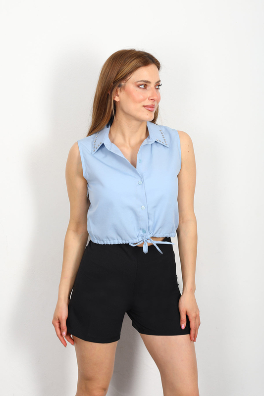 Berox - Yaka Taşlı Kadın Mavi Bağlamalı Kolsuz Gömlek