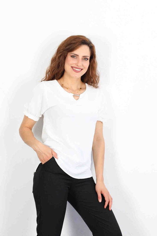 Berox - Yaka V Detay Kolları Lastikli Beyaz Kadın Ayrobin Bluz