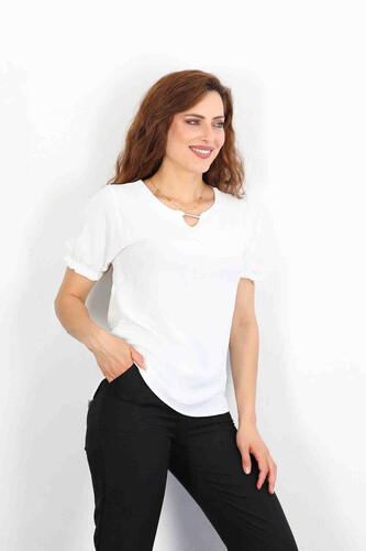 Berox - Yaka V Detay Kolları Lastikli Beyaz Kadın Ayrobin Bluz (1)