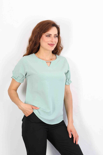 Berox - Yaka V Detay Kolları Lastikli Mint Yeşili Kadın Ayrobin Bluz (1)