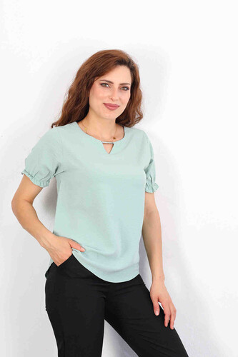 Berox - Yaka V Detay Kolları Lastikli Mint Yeşili Kadın Ayrobin Bluz