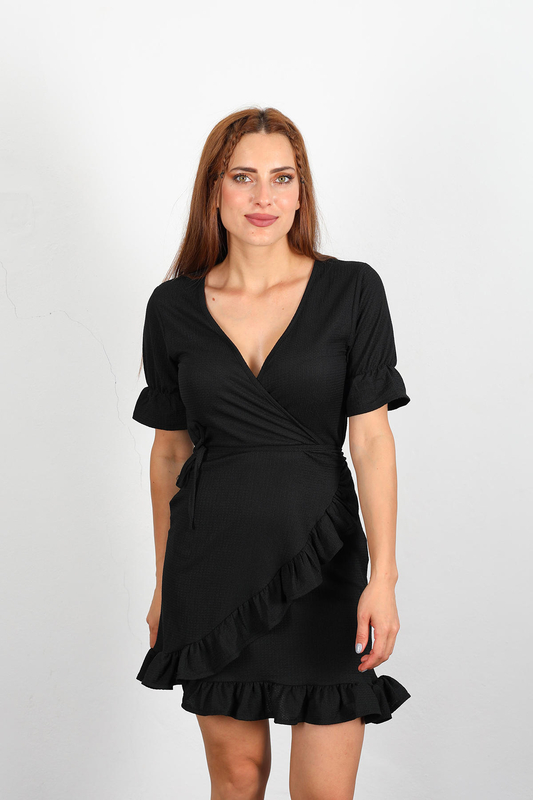 Berox - Yan Bağlamalı Kruvaze Yaka Fırfırlı Siyah Kadın Elbise (1)