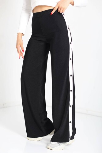 Berox - Yanı Garnili Çıtçıtlı Bol Paça Siyah Kadın Fitilli Pantolon (1)