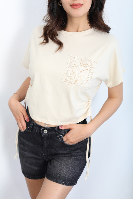 Berox - Yanları Büzgülü Cebi İşlemli Taş Rengi Kadın T-shirt (1)