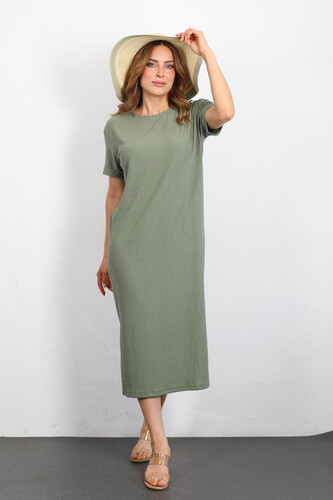 Berox - Yanları Yırtmaçlı Kısa Kol Mint Yeşili Kadın Krep Elbise
